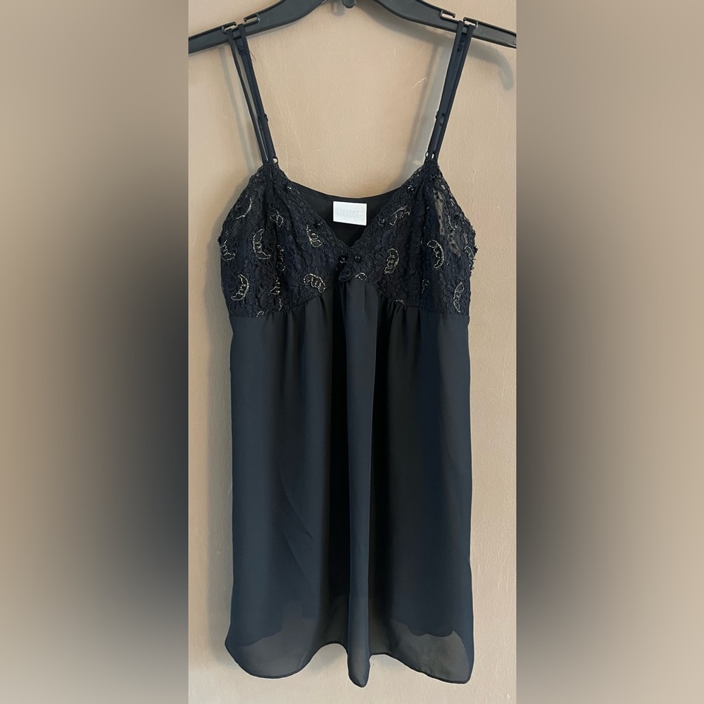Vintage Secret Treasures Beaded and Embroidered Black Lace Babydoll Chemise